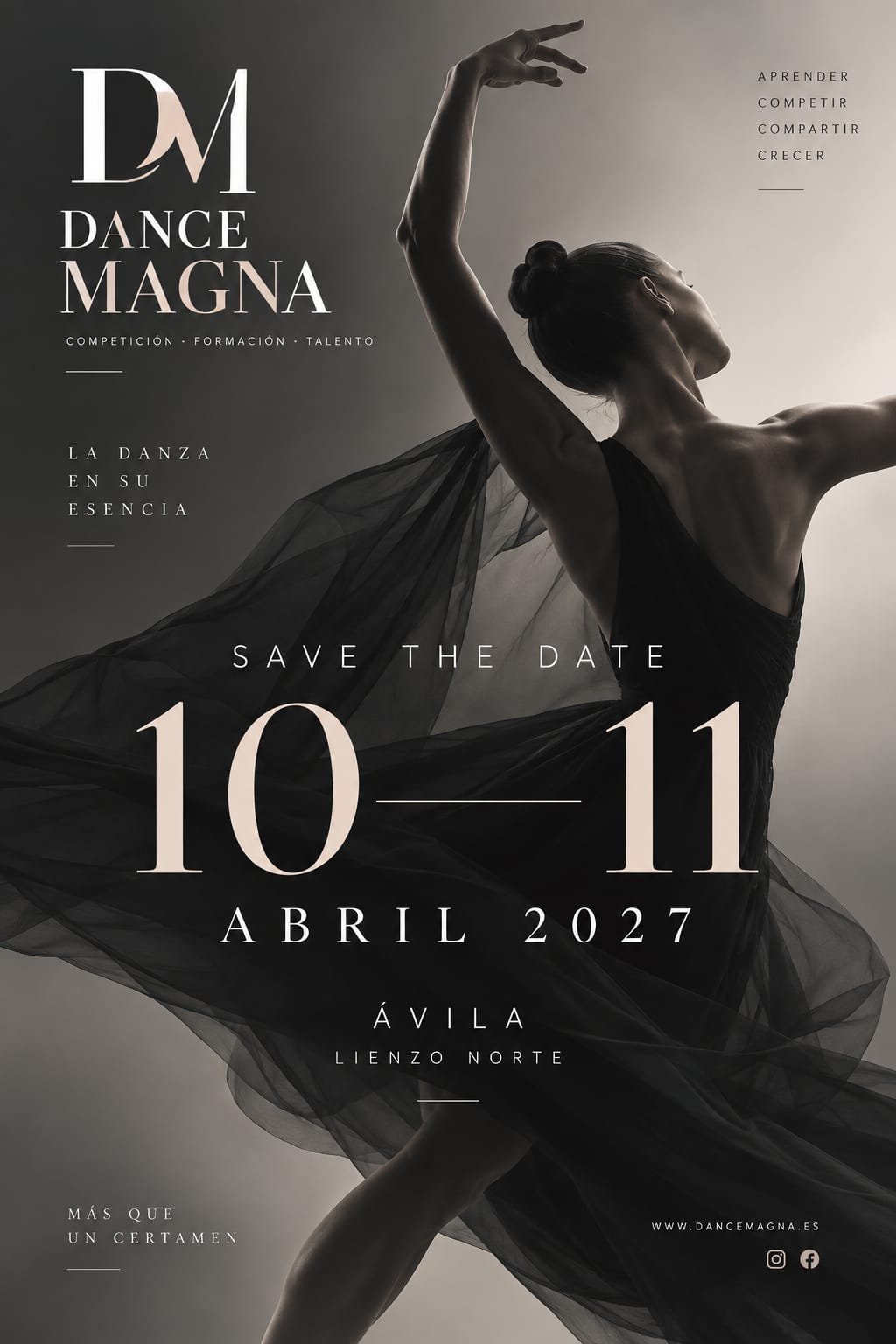 Cartel de Dance Magna 2027: bailarina de espaldas con falda de tul negro y las fechas 10 y 11 de abril de 2027, Ávila, Lienzo Norte
