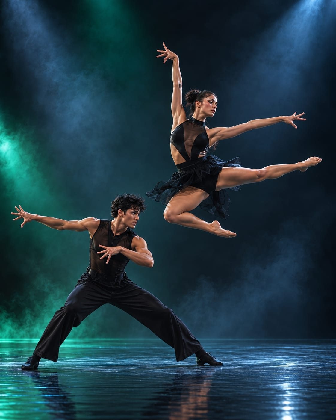 Pareja de jazz sobre un escenario con humo y luces verdes y azules: ella en un gran salto y él en posición baja